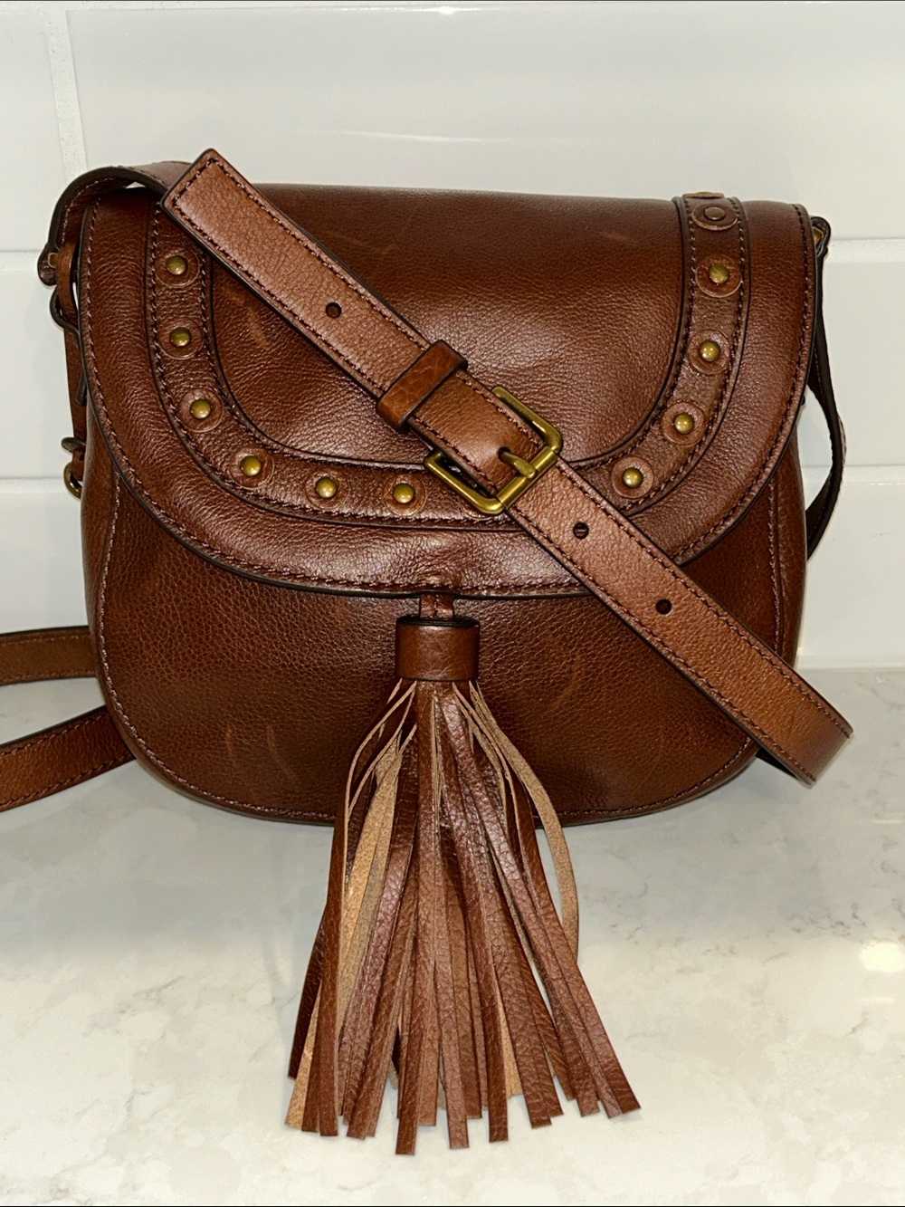 Fossil Emi brown leather saddle bag crossbody